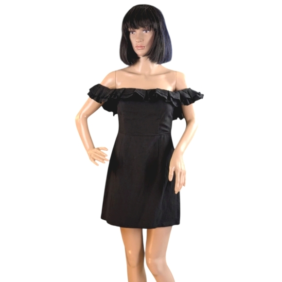 By The Way (Revolve) Ruffled Bardot Little Black Dress Linen Blend - Picture 1 of 15